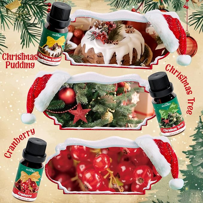 Christmas Fragrance Oil Set, SNOWSEN Winter Essential Oils for Diffuser & Aromatherapy, Apple Cinnamon, Christmas Pudding, Candy Cane, Gingerbread, Cranberry Scented Oil for Candle Making