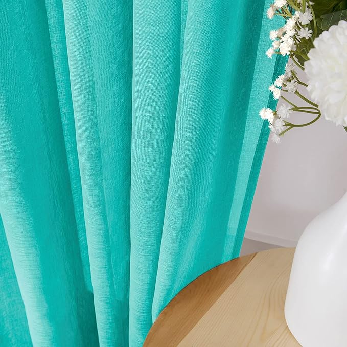 Tollpiz Short Sheer Curtains Linen Textured Living Room Curtain Sheers Light Filtering Rod Pocket Voile Curtains for Bedroom, 42 x 45 inches Long, Aqua Blue, Set of 2 Panels
