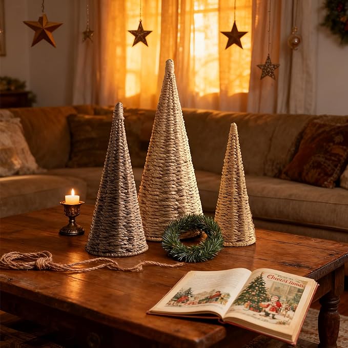 3pcs Natural Woven Christmas Trees Decor, Artificial Christmas Tree Decorations for Home Party Table Village Craft Indoor Outdoor Vintage Christmas Decor(Khaki+Dark Khaki+Natural)
