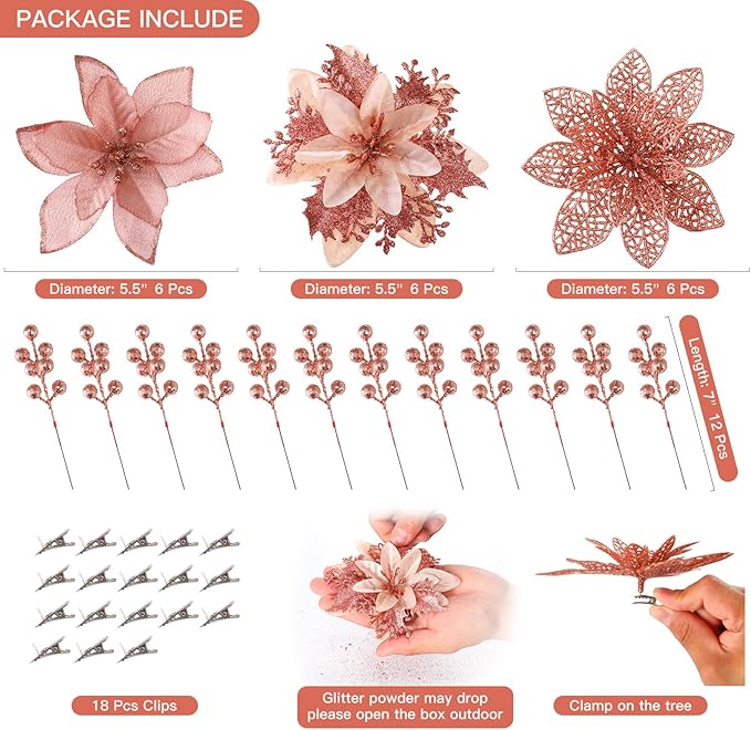 Floweroyal 30pcs Poinsettia Artificial Christmas Flowers Decorations with Clips and Berry Stems Glitter Ornaments for Christmas Tree Wreath Fireplace Stairs Decor (Rose Gold-3 Styles)