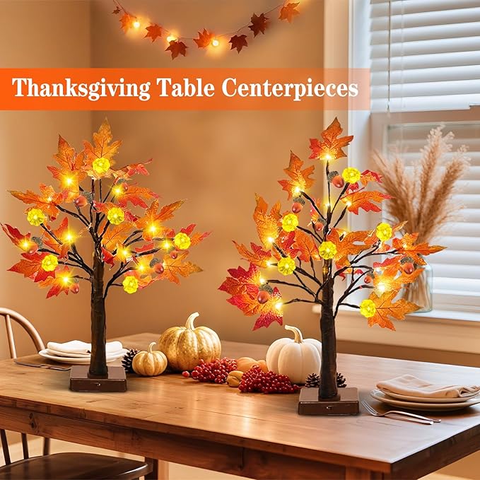2 Pack 24 Inch Prelit Fall Maple Tree Thanksgiving Decorations, 48LEDs Timer Acorn Pumpkin Lights Fall Decorations for Home Battery Operated Wedding Party Table Autumn Harvest Halloween Fall Decor