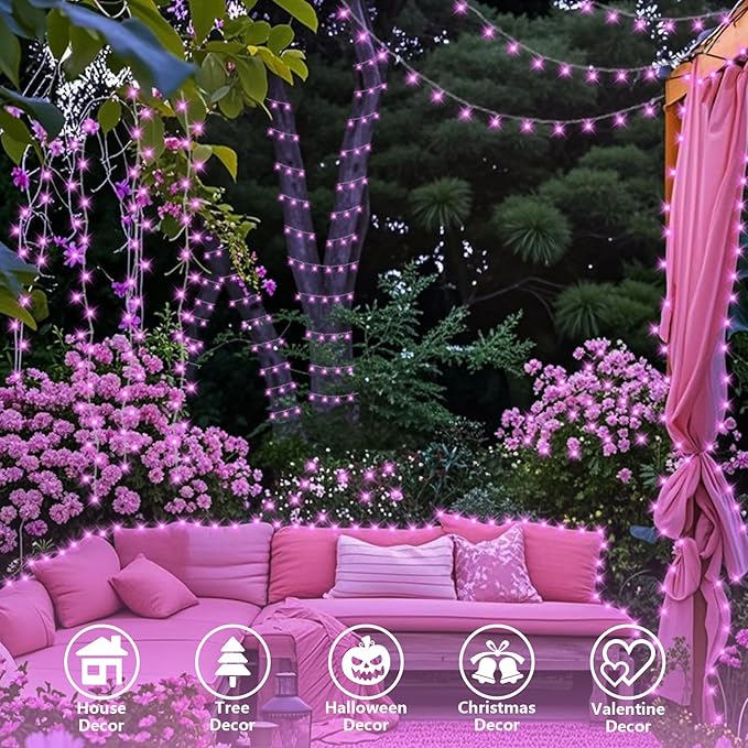 YEGUO Pink String Lights Outdoor Waterproof, 165ft 500 LED Christmas Lights Indoor, 8 Modes Clear Wire Fairy Light Plug in for Party Tree Valentines Wedding