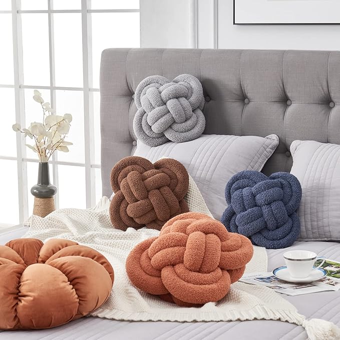 Xiashrk Knot Pillow Ball, 12" Soft Decorative Throw Pillows for Couch Bed, Dark Brown Knotted Plush Throw Pillow Handmade Square Cushion Home Couch Decor Pillows for Living Room