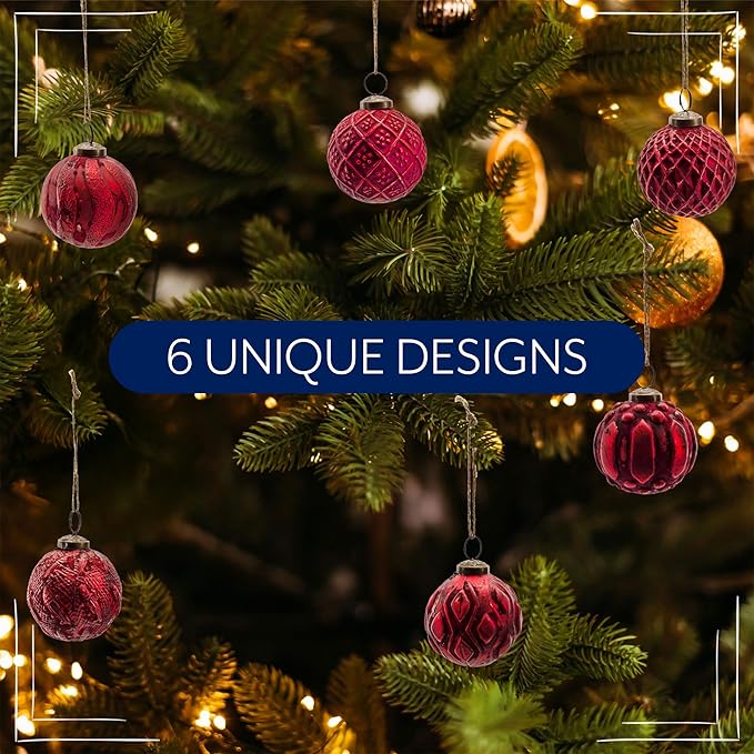 AuldHome Design Farmhouse Ball Ornaments (Set of 6, Red); Distressed Metal Glass Ball Vintage Style Christmas Decorations