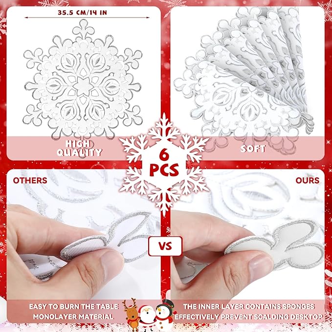 Christmas Snowflake Placemats Set of 6 White Winter Embroidered Table Placemats Washable Round Snow Flake Table Mats for Xmas Party Holiday Wedding Dinner Decoration(Snowflake Style, 14 x 14 Inch)