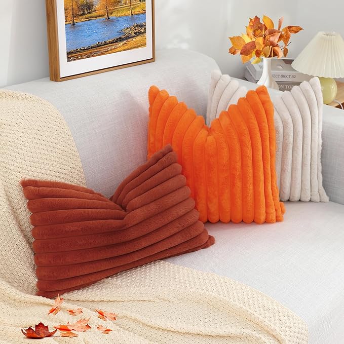 decorUhome Faux Fur Fall Throw Pillow Covers 12x20 Set of 2, Decorative Soft Plush Striped Lumbar Neutral Couch Euro Pillow Covers with Velvet Back for Sofa, Bed, Living Room Home Decor, Rust