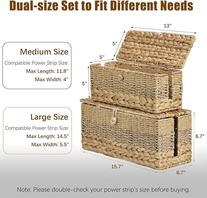 2PCS Cable Organizer Boxes Handmade Wicker Rattan Cord Management Box Adapter Power Strips Outlet Router Hider Cover Under Desk Electrical Wire Storage Organizer with Lid (1 Large 1 Medium)