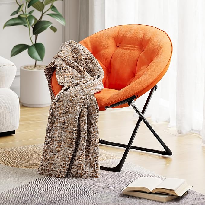 Folding Faux Fur Saucer Chair,Portable Folding Soft Moon Chair,Comfortable Lounge Chair with Metal Frame for Bedroom, Dorm Rooms, Apartments, Lounging, Garden and Courtyard, Orange
