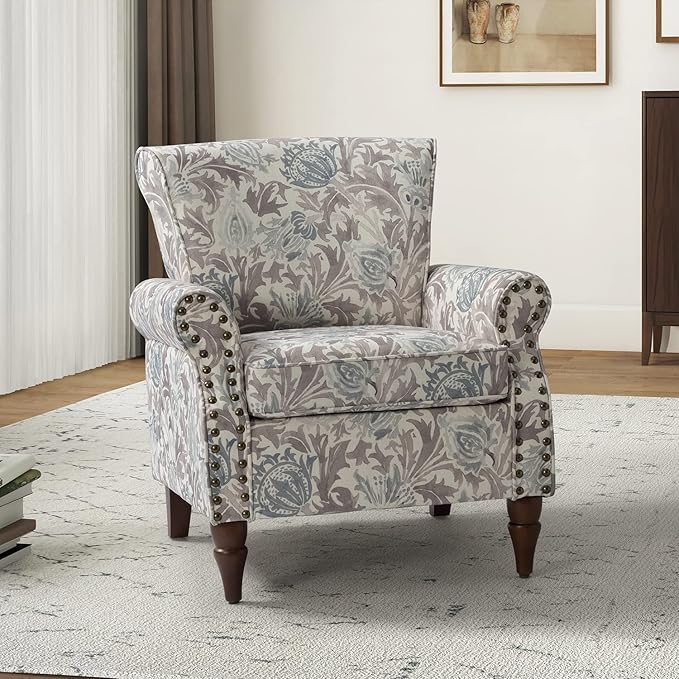 HULALA HOME Modern Wingback Accent Chair with Wood Legs & Removable Cushion, Comfy Upholstered Armchair with Nailhead Trim, Floral Pattern Single Sofa Chair for Living Room Bedroom, Grey