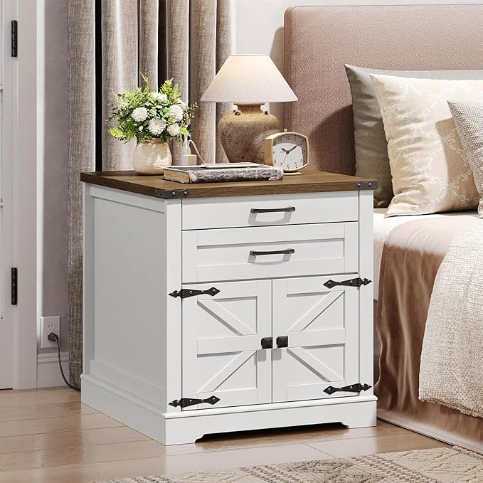 Farmhouse End Table with Charging Station, 24'' Sofa Side Table with 2 Drawers and Barn Door, Large Rustic Wooden Square Nightstand for Bedroom, Living Room, White and Walnut