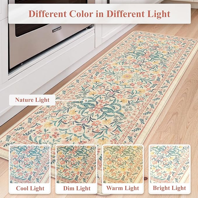 Collive Kitchen Mats Cushioned Anti Fatigue, Waterproof Kitchen Floor Mat Non Slip Desk Rugs Comfort Standing Rug, Pink Floral Carpets for Sink, Office, Laundry, Home Decor, 20" x 47" + 20" x 32"