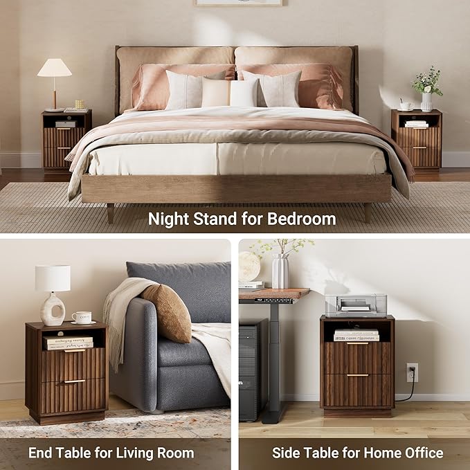 Fluted Nightstand Set of 2 with Charging Station, 18" Modern Farmhouse Night Stand, 2 Drawers End Table with Storage, Bedside Table for Bedroom Sofa Home Office, Curved Profile(Walnut)