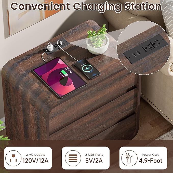Modern Nightstand Set of 2, 23.2" Wide Wood Bedside Table with Charging Station, 3 Storage Drawers Side Table Curved Profile, Handleless, Large End Table Night Stand for Bedroom, Walnut 