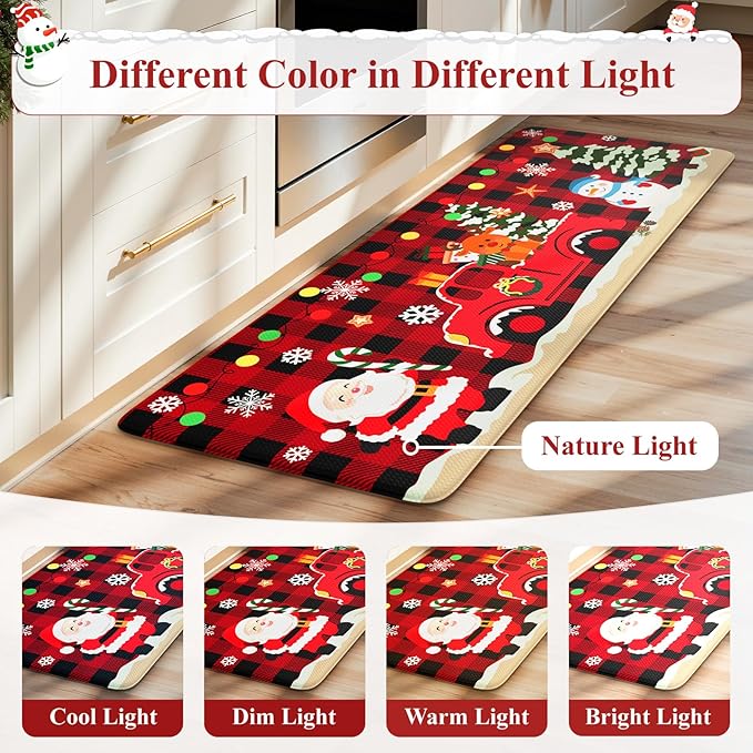Christmas Kitchen Mats Anti Fatigue - Christmas Kitchen Rugs Sets of 2, Santa Claus Cartoon Buffalo Plaid Farmhouse Floor Mat, Non Slip Cushioned Home Christmas Decorations Gift(Red & Black)