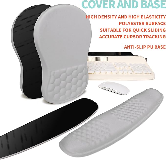 2-in-1 Ergonomic Set, Wave Rise Keyboard Wrist Rest and Massage Bulge Slope Mouse Pad Wrist Support, Cushion Memory Foam Integrated to Relieve Wrist Pain, Silver Gray