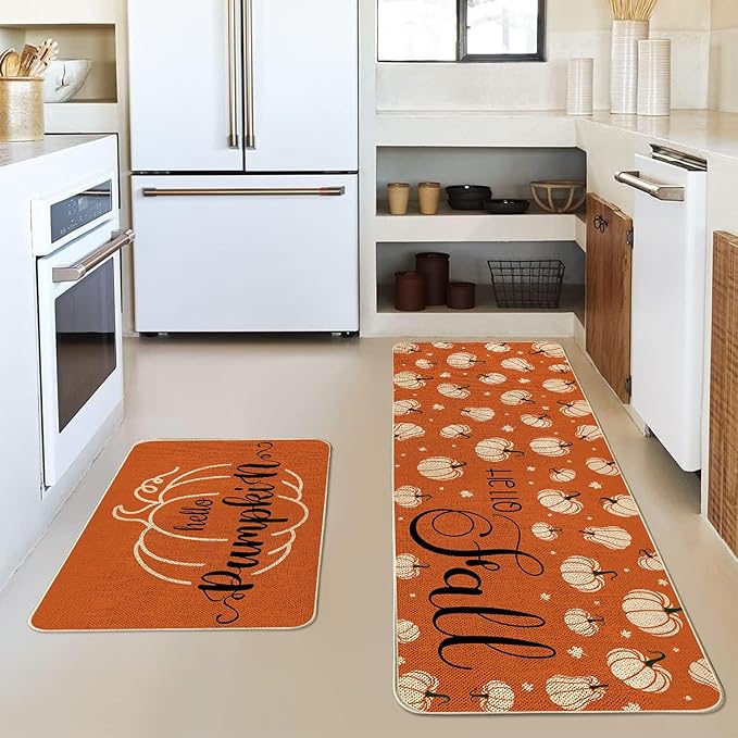 VAKADO Fall Kitchen Orange Pumpkin Mats Rugs Set of 2,for Decor Decorative Home Thanksgiving Pottery Barn Floor Door Bathroom Stain Fade Resistant Non-Slip Rubber Backing Rug(17x29 Inch,17x47 Inch)