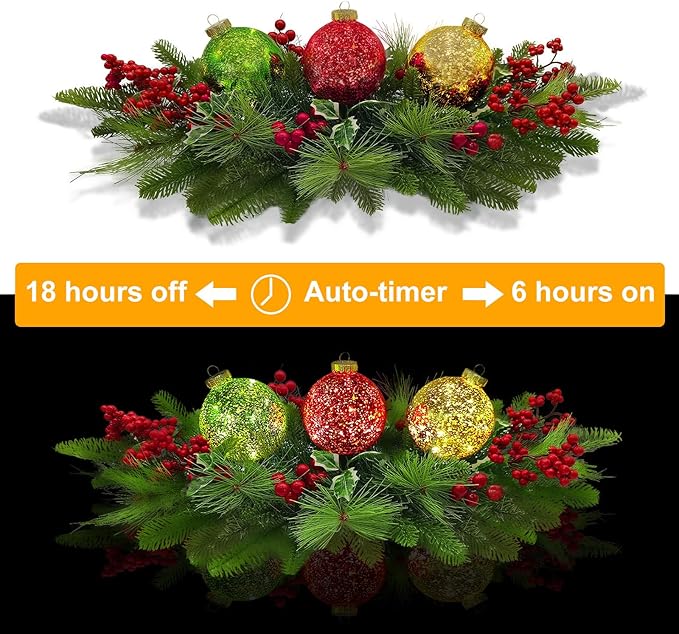 Christmas Table Centerpieces Decorations, Lighted Table Accent Centerpiece with LED Sparkle Baubles Battery Operated with Timer Holiday Candelabrum for Home Party Xmas Table Mantel Decoration