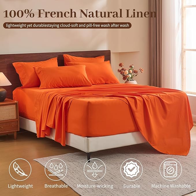 MEISHANG 100% French Pure Linen Sheets King Size - Extra Deep Pocket Sheet Set, Soft Durable Flax Linen, Anti-Tear Breathable & Oeko-Tex Certified 18-24 Deep Pocket,All Season(Orange)