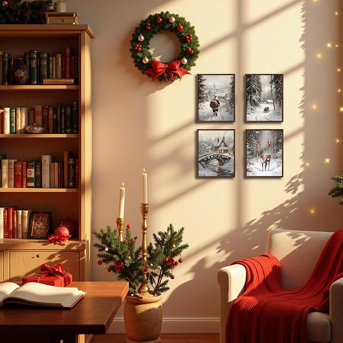 DOFQZ Winter Christmas Wall Art Prints Set of 4, Farmhouse Christmas Decor, Rustic Winter Santa Reindeer Forest Village Landscape Posters for Home Bedroom Living Room Decor, 8x10 Unframed