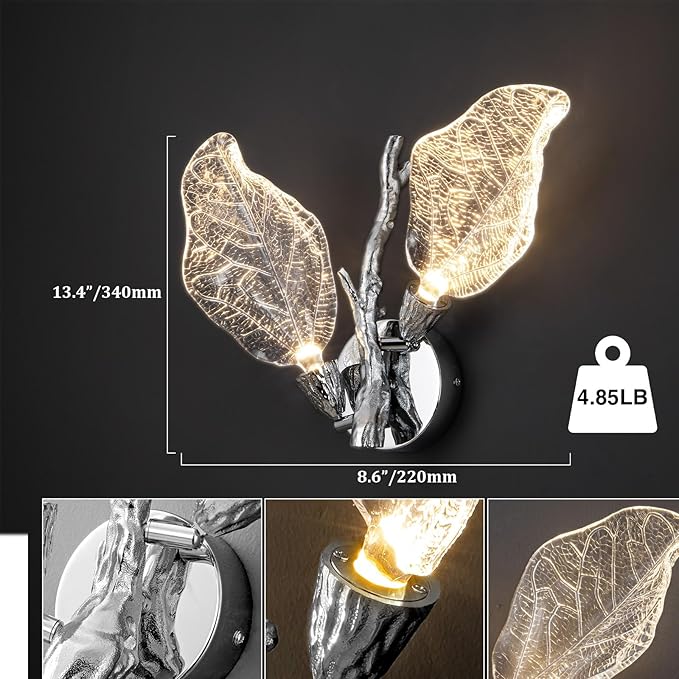 Wall Sconces, Silver Bathroom Sconces Wall Lighting with Clear Acrylic Leaf, Modern Sconces Wall Decor Wall Light fixtures for Bathroom Mirror Living Room Hallway Bedroom Stairs (1pcs,Silver)