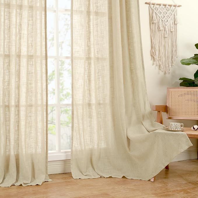 LAMIT Extra Wide Linen Curtains for Bedroom, Natural Light Filtering Faux Linen Textured Panels Semi Sheer Back Tab and Rod Pocket Boho Drapes for Living Room/Farmhouse, 2 Panels, Linen, 60 x 84 Inch