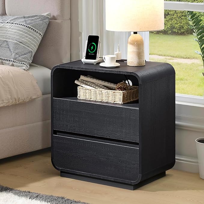 Black Nightstand with Charging Station, 25" Tall Wood Bedside Table, Modern End Table with 2 Storage Drawers, Curved Profile, Mid Century Night Stand for Bedroom, Dorm, Sofa, Office