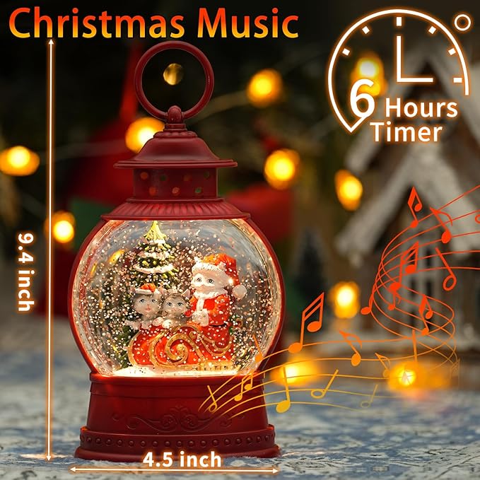 Christmas Santa Snow Globes, Cat Family Musical Snow Globe Light up Swirling Glitter Snow Globe Red Lantern with Timer, Christmas Tree Holiday Party Gifts and Decorations, USB & Battery Operated