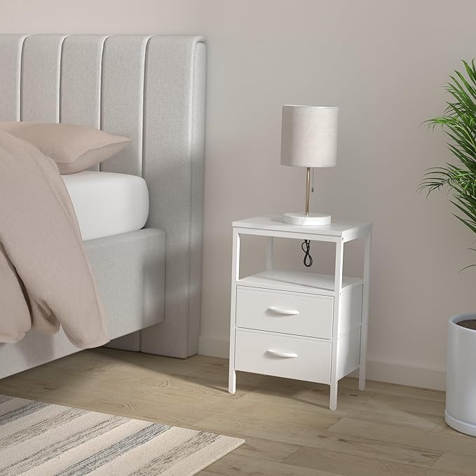 Huuger Nightstands Set of 2, End Tables with Charging Station, Side Tables with Fabric Drawers, Bedside Tables with USB Ports and Outlets, Night Stands, PU Leather, White