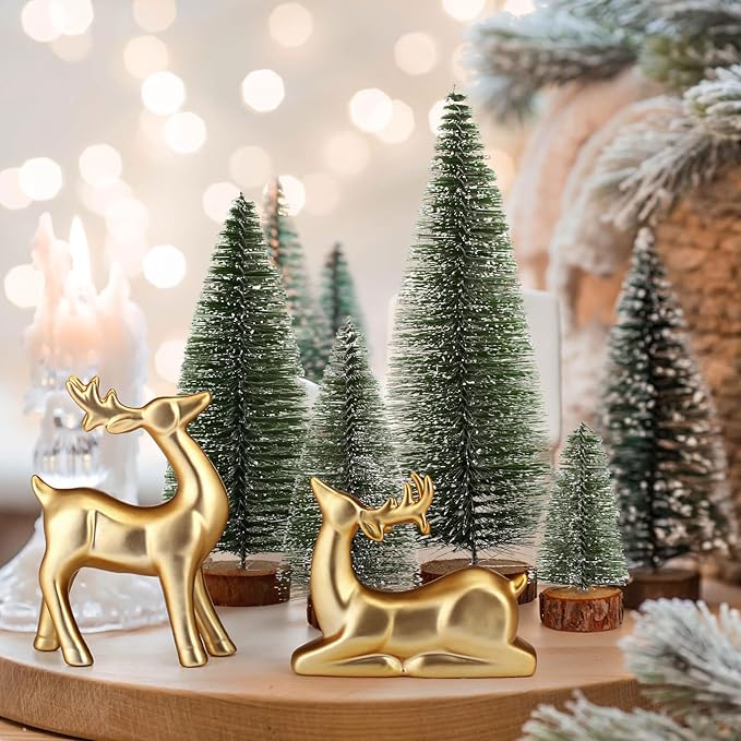 Wesiti 2 Pcs Ceramic Christmas Reindeer Figurines 4 Pcs Mini Christmas Pine Tree Reindeer Decor Deer Statue Sculpture Tabletop Ornaments for Home Mantel Shelves Decor (Gold)