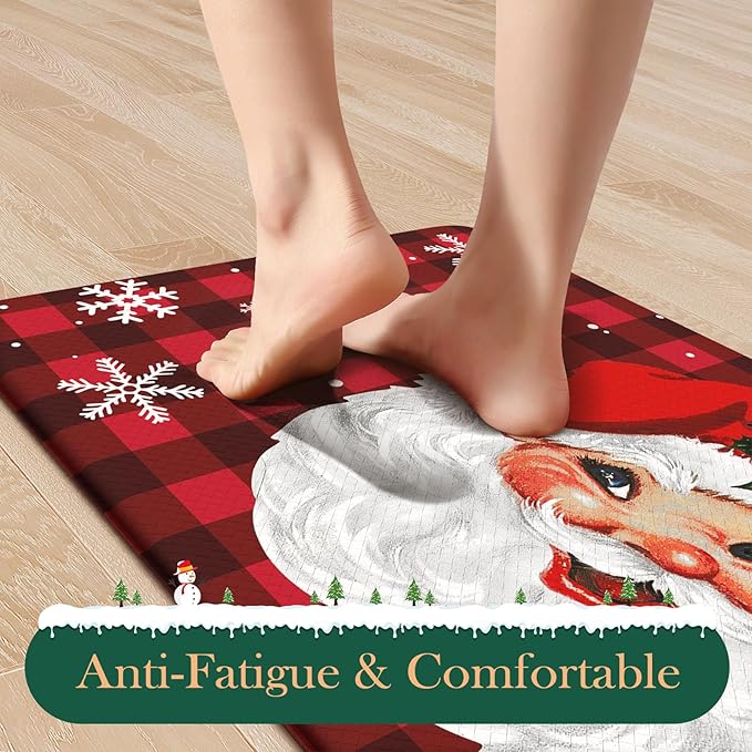 Christmas Kitchen Mats Cushioned Anti Fatigue, Santa Claus Farmhouse Kitchen Floor Mat Non Slip Kitchen Rugs Sets of 2, Buffalo Plaid Kitchen Sink Mats for Home Decor(Red & Black)