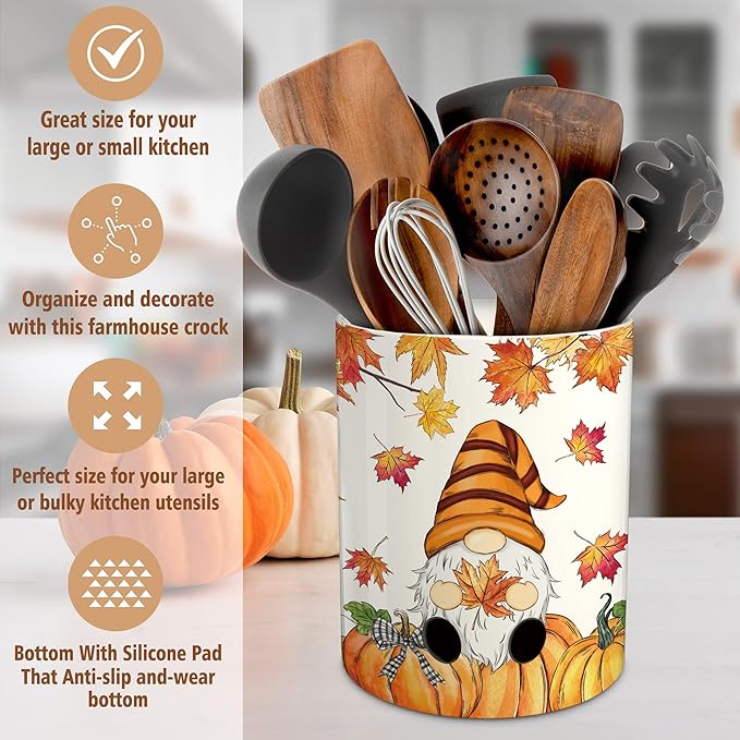pinata Fall Kitchen Decor Ceramic Utensil Holder, Farmhouse Fall Gnome Pumpkin Utensils Holder, Ceramic Utensils Crock for Rustic Indoor Kitchen Decorations(6.3 Inches)
