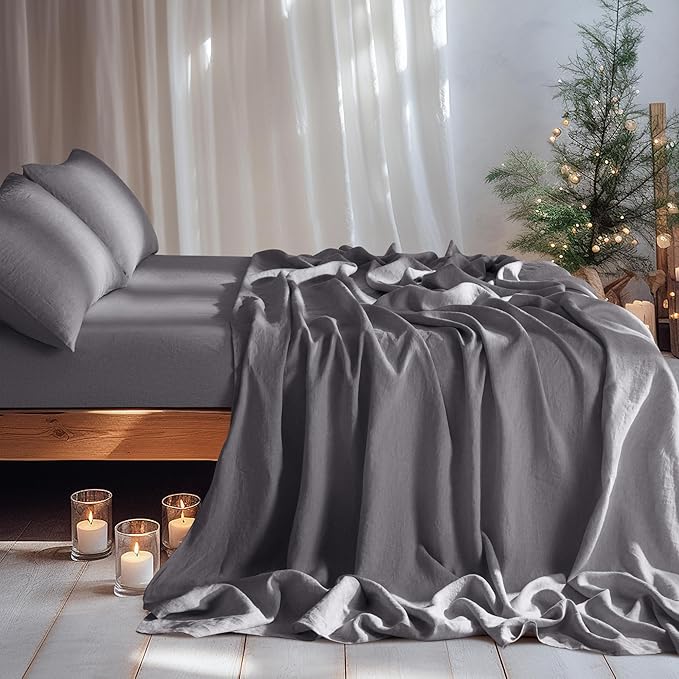 LBRO2M 100% Linen Sheet Set Queen Size, Bed Sheets 4 Piece Sets, Solid Color Natural Flax Bed Sheets Soft Breathable Bedding,16" Deep Pocket,All Season (Queen, Dark Grey)