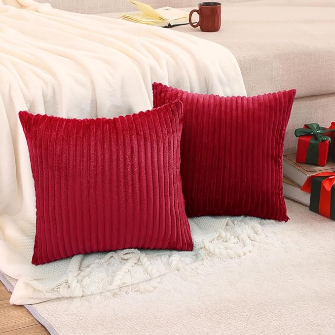 Simmore Decorative Fall Throw Pillow Covers 12x20 Set of 2, Soft Natural Plush Flannel Double-Sided Fluffy Lumbar Pillow Covers for Couch Sofa Living Room, Red