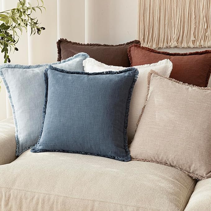 Foindtower Set of 2 Decorative Linen Fringe Lumbar Throw Pillow Covers Farmhouse Cushion Cover with Tassels Accent Pillowcase for Couch Sofa Bed Living Room Home Decor,12×24 Inch,Dark Blue