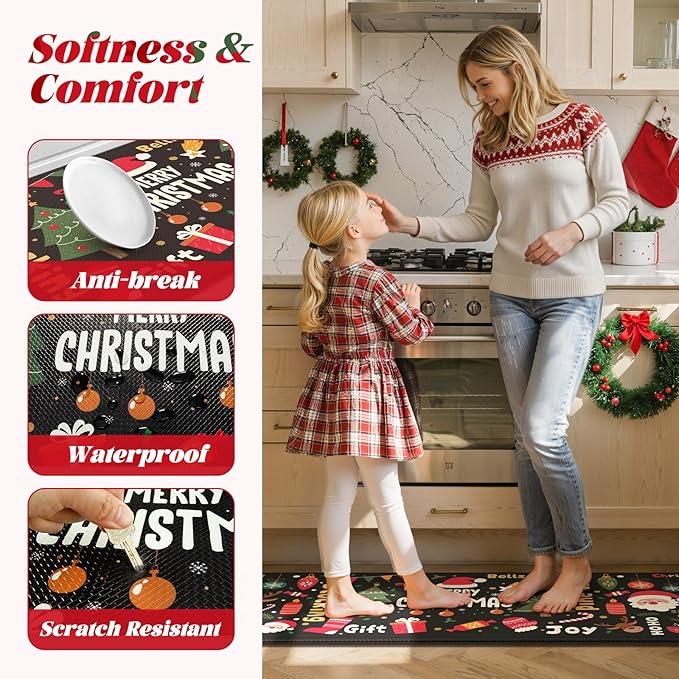 Collive Merry Christmas Kitchen Mats for Floor, Cushioned Anti Fatigue Kitchen Rug Set, 2 Piece Non-Skid Waterproof Kitchens Sink Rugs, Comfort Winter Xmas Tree Mat for Laundry Office Desk