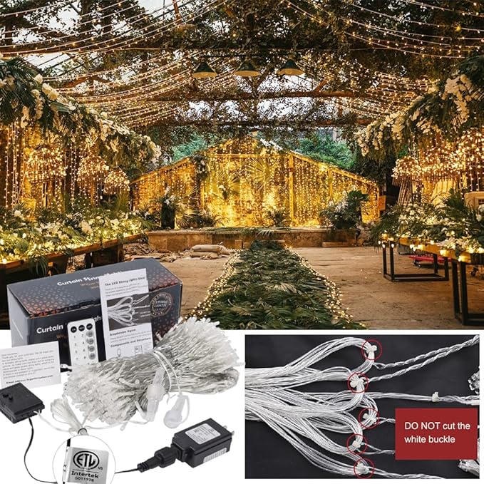 WATERGLIDE 300 LED Curtain Lights, Remote Control Christmas Decorative Hanging String Lights, 8 Lighting Modes, Plug in for Indoor Outdoor Holiday Party Garden Backdrop Wedding Home Decor, Warm White
