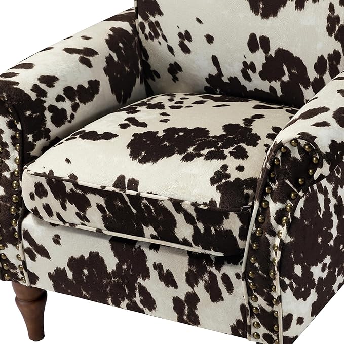 HULALA HOME Modern Wingback Accent Chair with Removable Cushion & Wood Legs, Comfy Upholstered Armchair with Nailhead Trim, Floral Pattern Single Sofa Chair for Bedroom Living Room, Cowhide