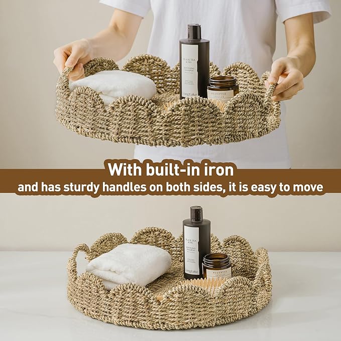 Wicker Tray, Handwoven Woven Tray with Handles and Scalloped Edge, Round Wicker Basket for Home Decor and Organizing, 16.9" L x 16.9" W x 3.5" H