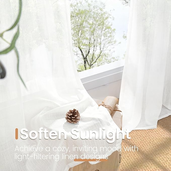 BGment White Semi Sheer Linen Curtains 63 Inch Length for Living Room 2 Panels Set - Rod Pocket Natural Textured Light Filtering Window Drapes for Bedroom Lightweight Rustic, 42 X 63 Inch