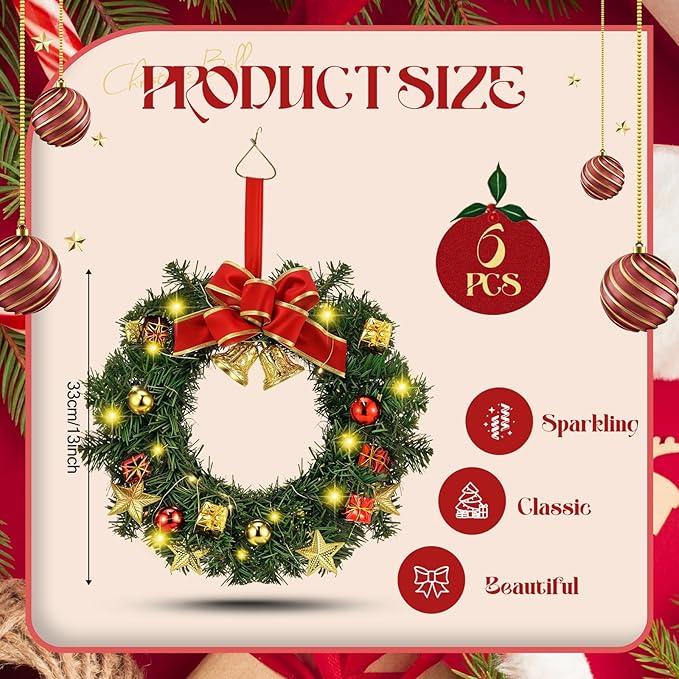 Lyrow 6 Pcs Lighted Christmas Wreath with Red Bow Ornament 13 Inch Prelit Xmas Battery Operated Christmas Wreaths for Front Door Outdoor Holiday Wall Indoor Xmas Decorations Party Decor(Stylish)