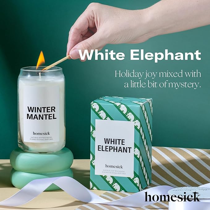 Homesick Scented Candles for Home (White Elephant) - 13.75 oz Long-Lasting Soy Wax Blend Jar Candle Gifts for Women & Men, 60-80 Hours Burn Time - Notes of Candied Orange, Champagne & Sparkling Cassis