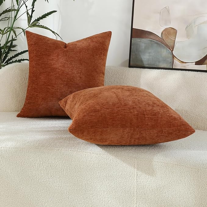Terracotta Chenille Decorative Couch Throw Pillow Covers, Soft Cushion Cases for Home Livingroom Sofa Décor, Pack of 2, 18 x 18 Inches