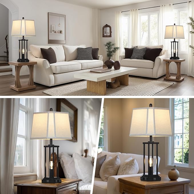 27" Tall Farmhouse Table Lamps with Bell Lampshade, Black Industrial Living Room Lamps Set of 2 with Night Light, Rustic Bedside Lamp with USB C+A Port & AC Outlet, Vintage Bedroom Lamp for Nightstand
