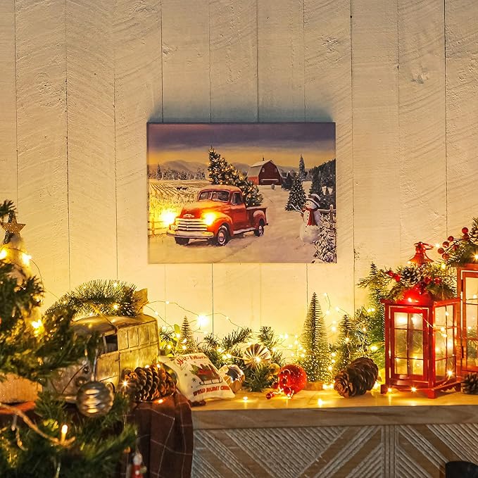 NIKKY HOME 16" x 12" Christmas LED Lighted Canvas Wall Art Prints Light Up Red Truck Barn House and Christmas Tree Picture Winter Snow Scene for Holiday Decor