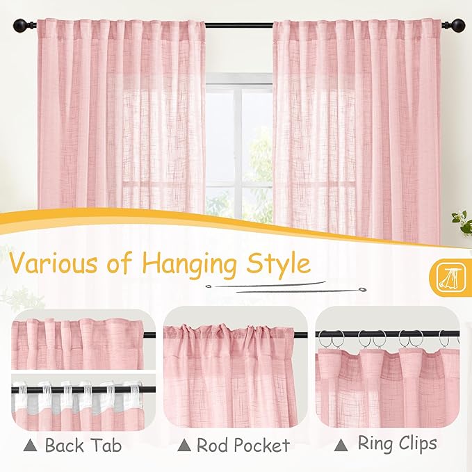 YoungsTex Light Pink Linen Curtains 63 Inch Length for Living Room Window, Semi Sheer Drapes Textured Light Filtering with Rod Pocket Back Tab for Bedroom, 2 Panels, 42 X 63 Inch