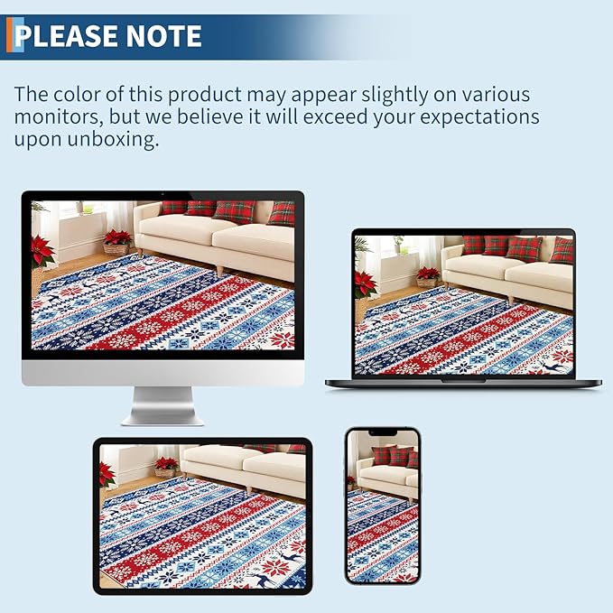 Christmas Living Room Area Rug 8x10 Large Washable Rugs Indoor Non-Slip Low Pile Throw Floor Covers Xmas Decorative Boho Accent Rug Farmhouse Rustic Festival Carpet for Bedroom Dining Room, Blue