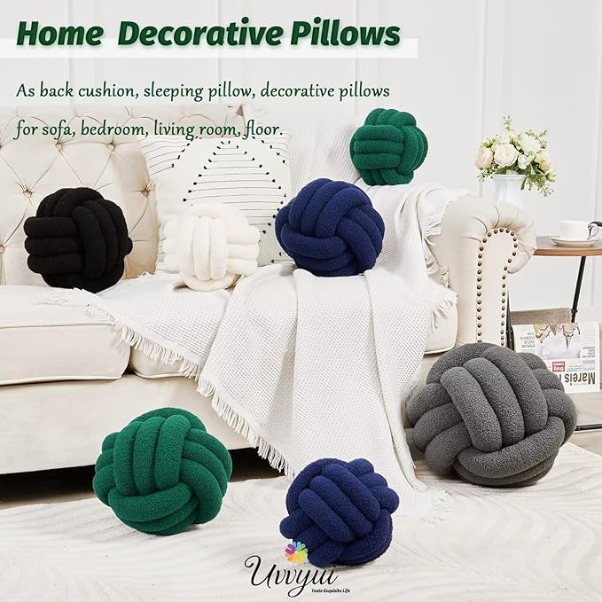 Uvvyui Knot Pillow Ball, Soft Home Decorative Pillows, Round Throw Pillow, Handmade Knotted Plush Pillow, Round Boucle Pillow Cushion (8.6 Inches Dark Green)