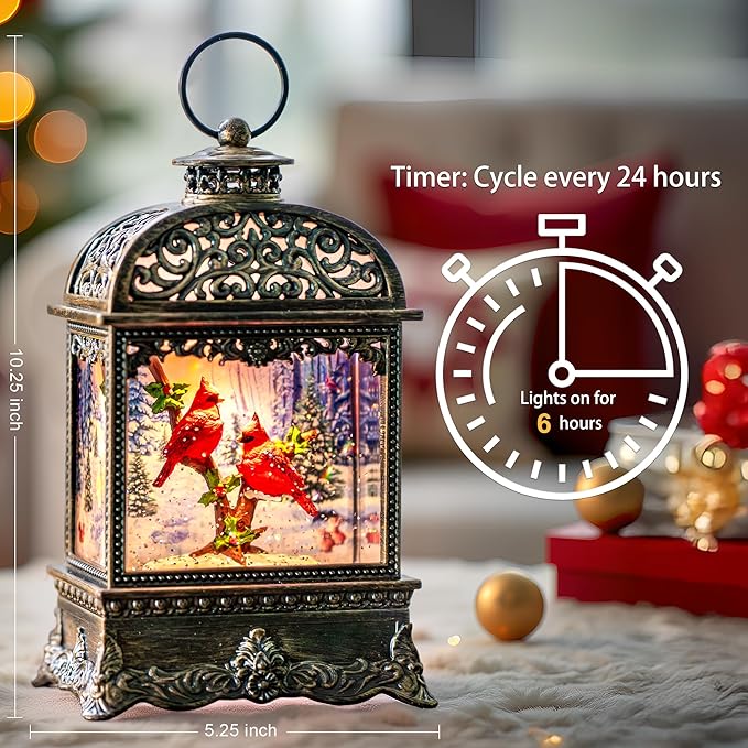 10.2" Christmas Snow Globe Water Lantern with Cardinal Scene Battery Operated or USB Powered Musical Lighted Holiday Decoration for Tabletop Display for Family and Friends