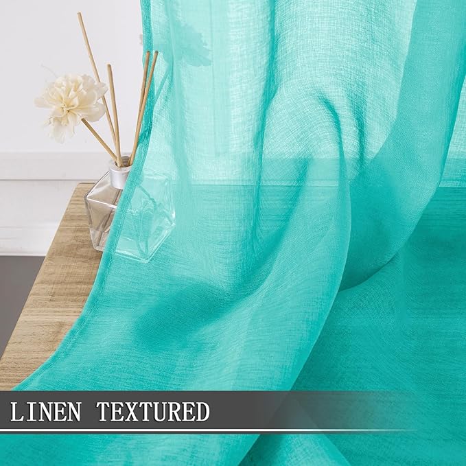 Tollpiz Short Sheer Curtain Living Room Linen Textured Curtains Sheer Light Filtering Voile Rod Pocket Curtain for Bedroom, 38 x 54 inches Long, Aqua Blue, Set of 2 Panels