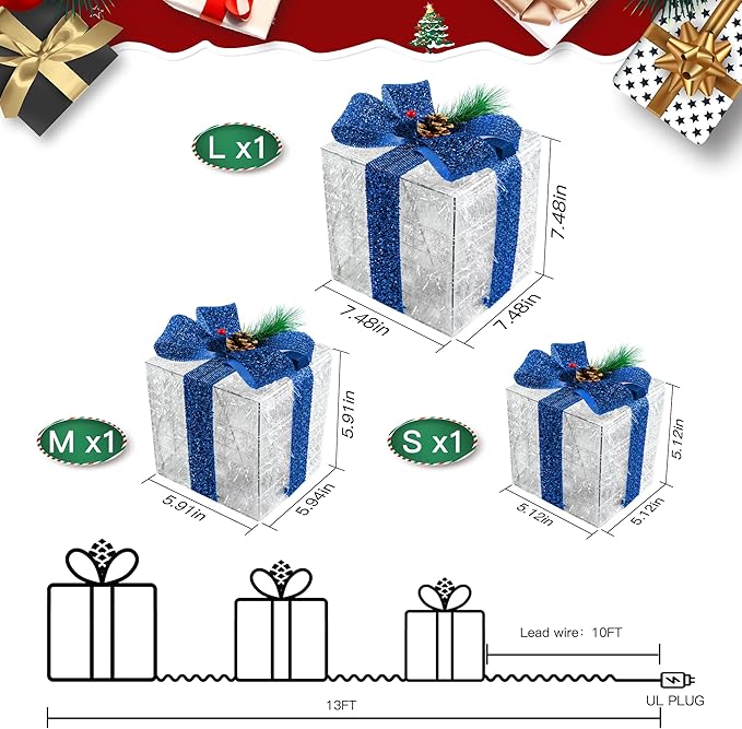 Christmas Decorations, Set of 3 Christmas Lighted Gift Boxes, Pre-lit 60 LED Light Up Present Boxes Warm White Xmas Ornaments for Indoor Outdoor Yard Lawn Home Decor (Blue Bow)